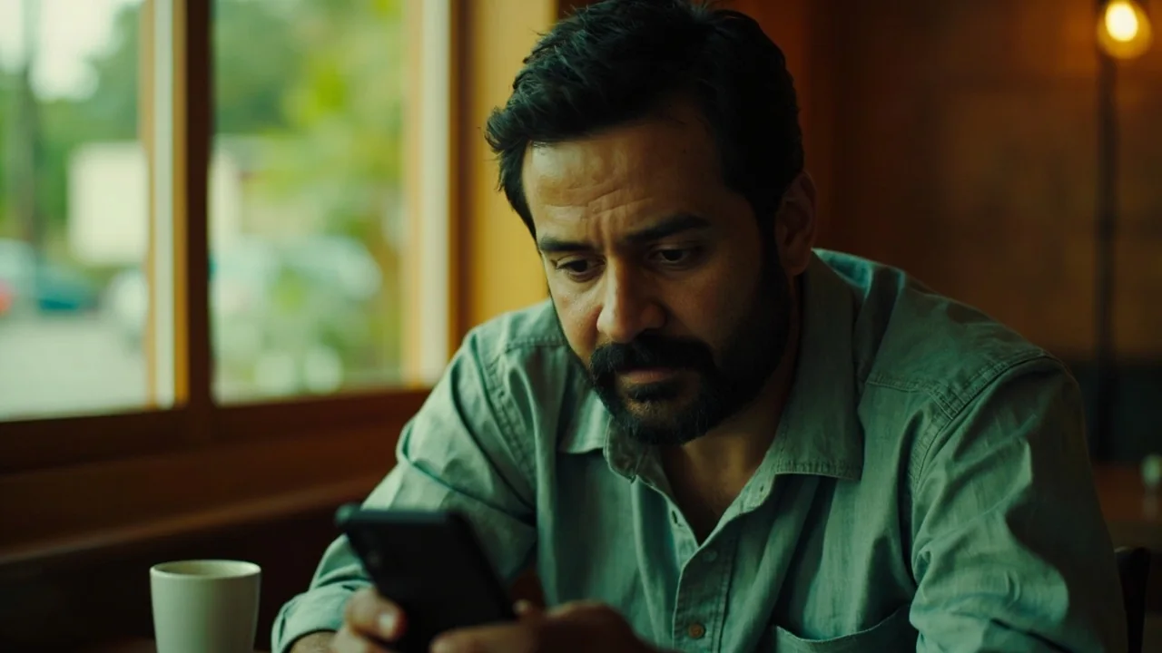 Editorial photograph of an adult Indian man at a warm wooden cafe desk looking at a smartphone in soft afternoon window light
