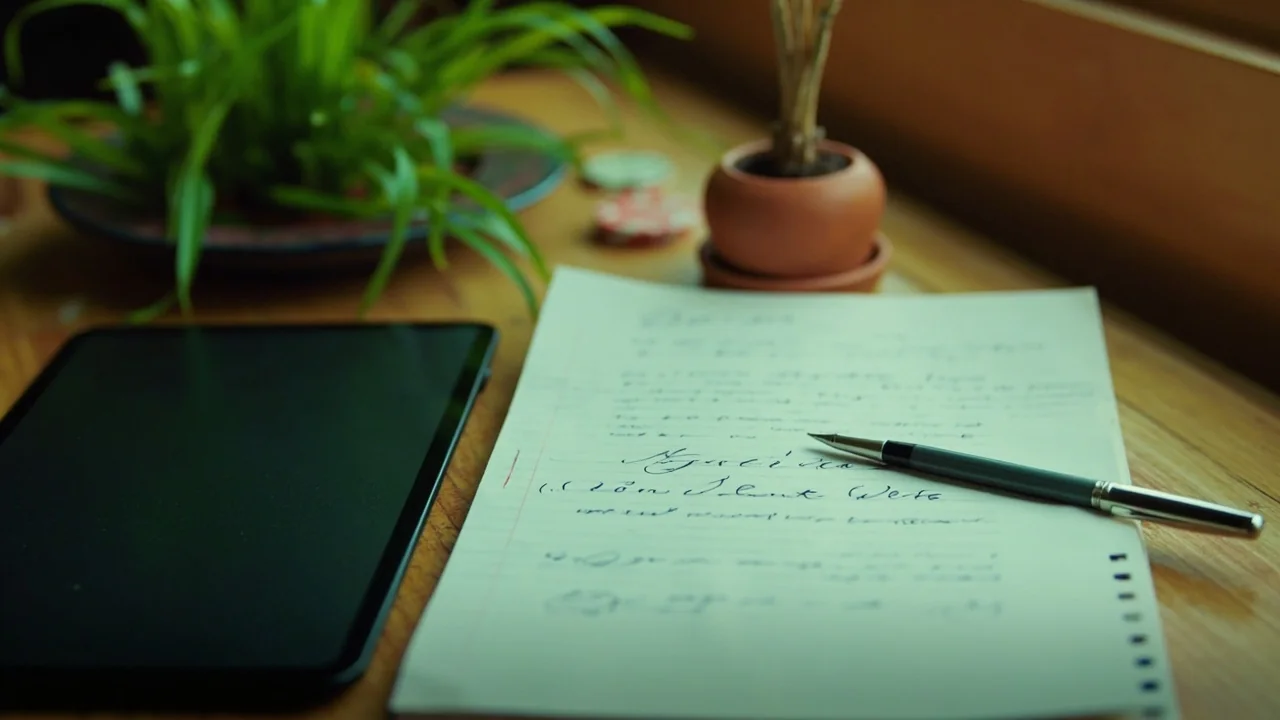 Editorial photograph of an Indian editor's desk viewed from above with a tablet, paper notebook and fountain pen in soft morning light