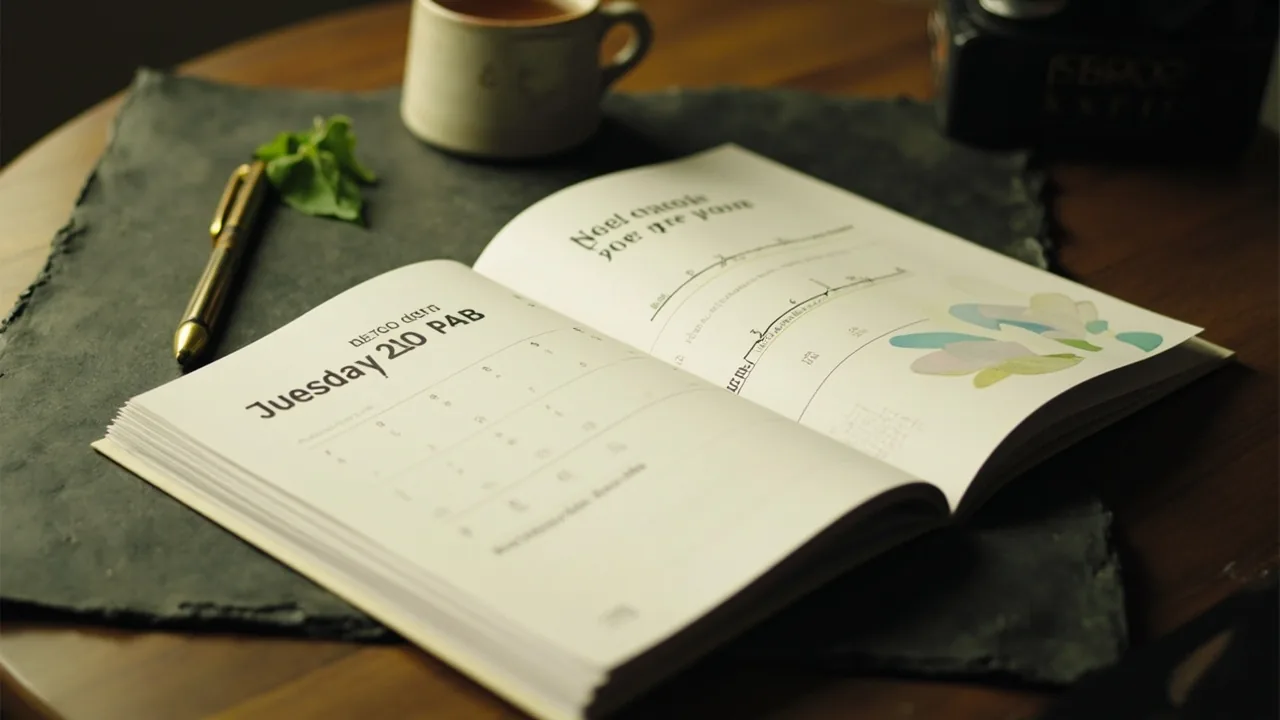 Editorial still life of a printed monthly promo calendar booklet next to a brass fountain pen and a small green leaf on a slate desk mat in soft window light