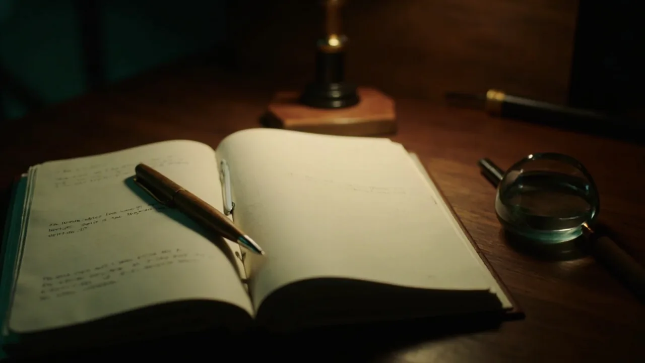 Editorial still life of a review notebook with margin notes and a fountain pen on a slate desk mat in soft warm desk lamp light