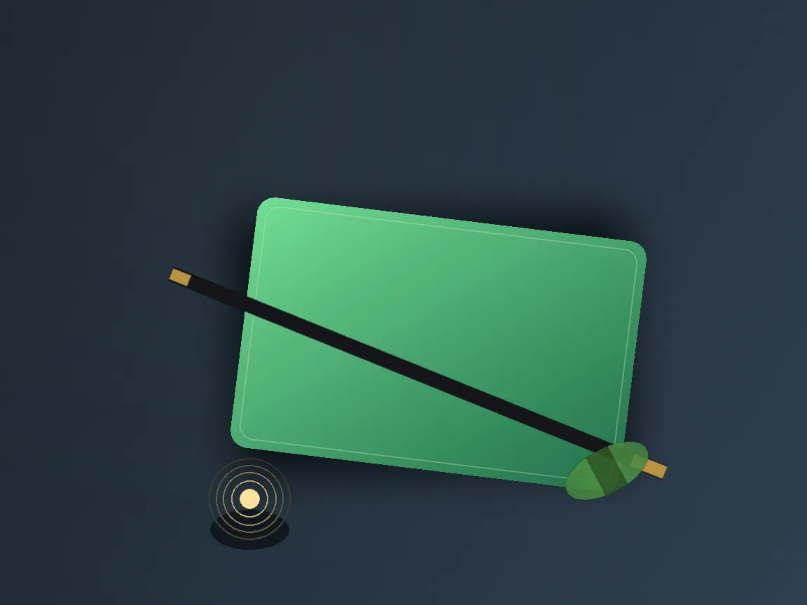 Editorial still life of a single emerald reward card on a slate desk mat with a fountain pen and green leaf in soft window light